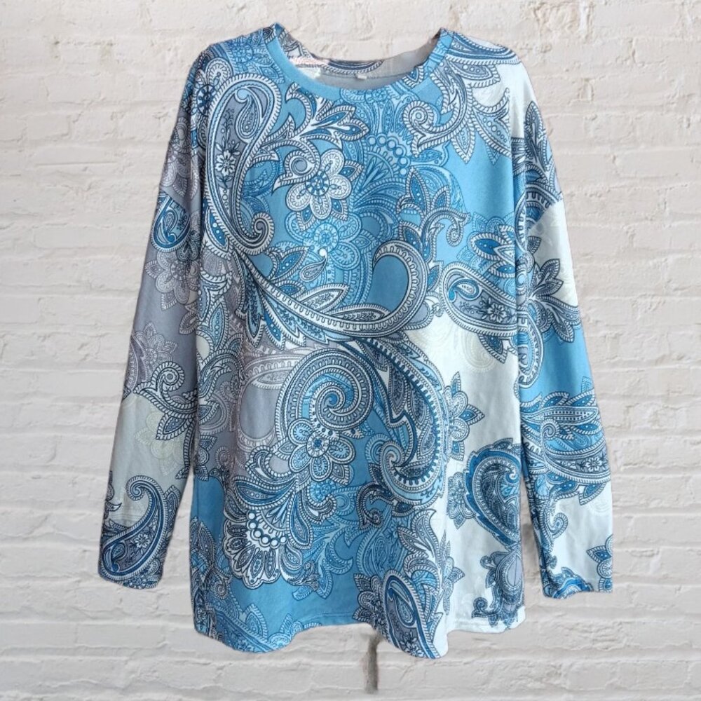 Womens Knit Top Pullover Long Sleeves Blue White Floral Print Size XL
